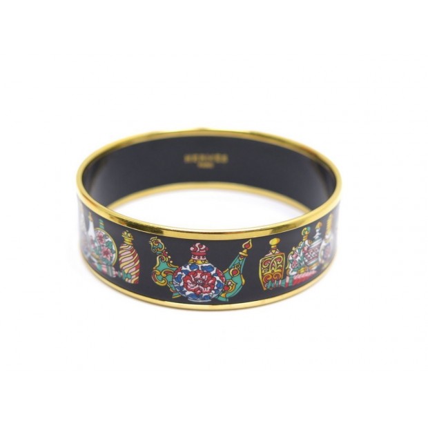 BRACELET HERMES EN EMAIL NOIR LARGE EMAIL 65MM MOTIF VASES COLORES ENAMEL 485