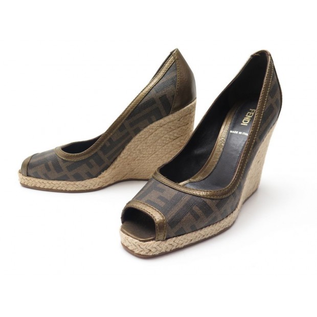 NEUF CHAUSSURES FENDI SANDALES TALONS COMPENSES T37 TOILE ZUCCA WEDGE SHOES 460