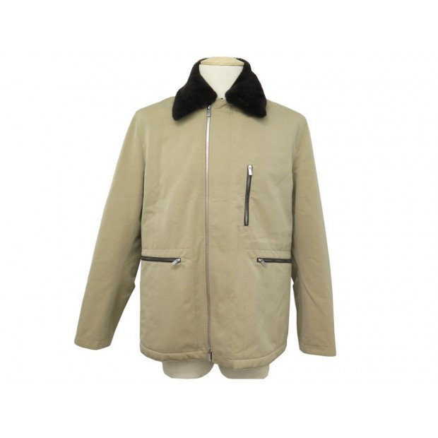 NEUF BLOUSON HERMES PARKA 50 M VESTE EN TOILE & CUIR D'AGNEAU COL FOURRURE 4500€