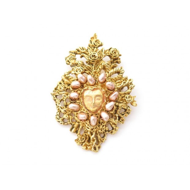 NEUF BROCHE CHRISTIAN LACROIX METAL DORE & PERLES ROSE + POCHON & BOITE BROOCH