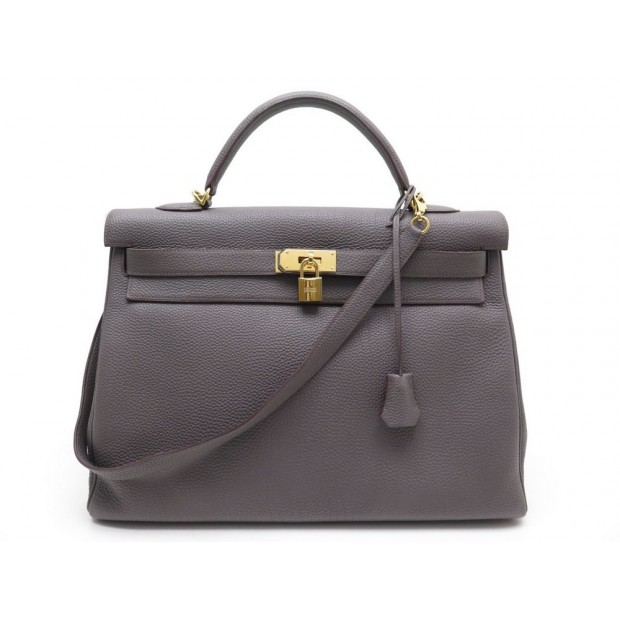SAC A MAIN HERMES KELLY 40 CUIR TAURILLON CLEMENCE TAUPE ATTRIBUTS DORE + BOITE