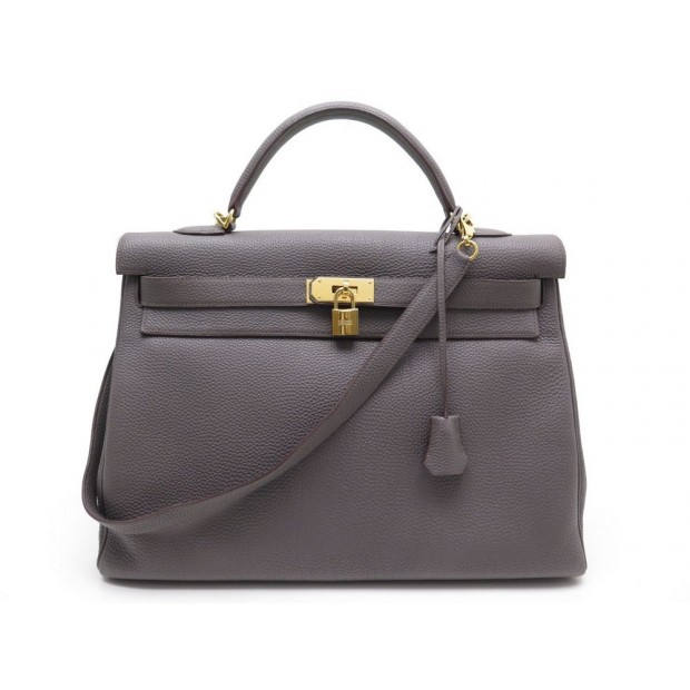 SAC A MAIN HERMES KELLY 40 RETOURNE CUIR CLEMENCE GRIS GRAPHITE BANDOULIERE BAG