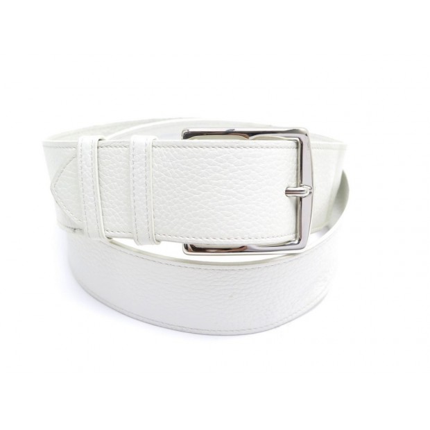 CEINTURE HERMES ETRIVIERE LARGE T90 EN CUIR TOGO BLANC BOUCLE ARGENTEE BELT 665