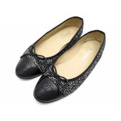 CHAUSSURES CHANEL BALLERINES CUIR & TWEED 38.5 38 G02819 
