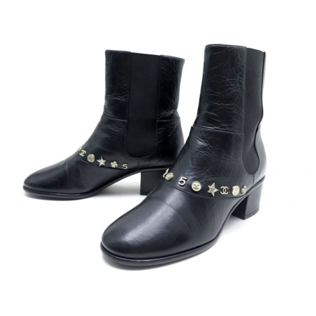 CHAUSSURES CHANEL G30161 BOTTINES 38 EN CUIR NOIR SYMBOLES LEATHER BOOTS 1300€