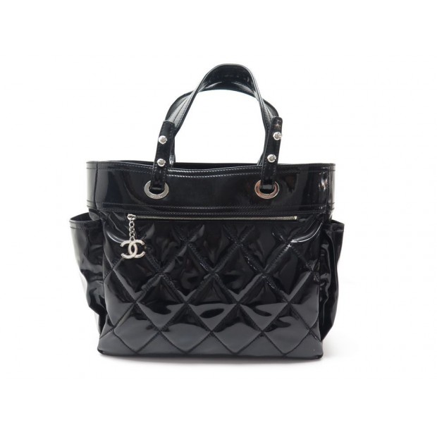 SAC A MAIN CHANEL BIARRITZ EN CUIR VERNIS MATELASSE NOIR LEATHER HANDBAG 2450