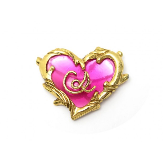 BROCHE CHRISTIAN LACROIX COEUR EN METAL DORE ET RESINE ROSE PINK HEART BROOCH