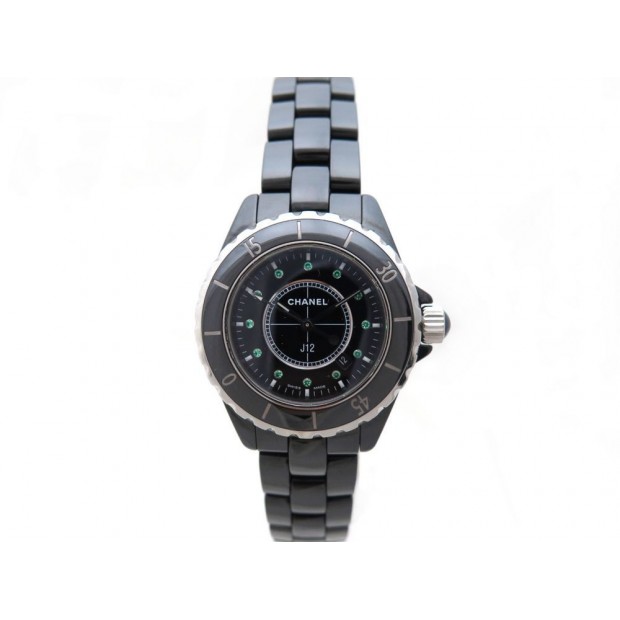 MONTRE CHANEL J12 QUARTZ 33 MM EN ACIER NOIR & EMERAUDES BLACK STEEL WATCH 5350€