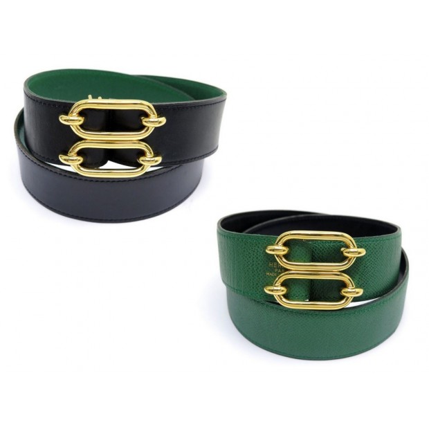 CEINTURE HERMES REVERSIBLE CUIR NOIR VERT BOUCLE DORE t72 BLACK GREEN BELT 620