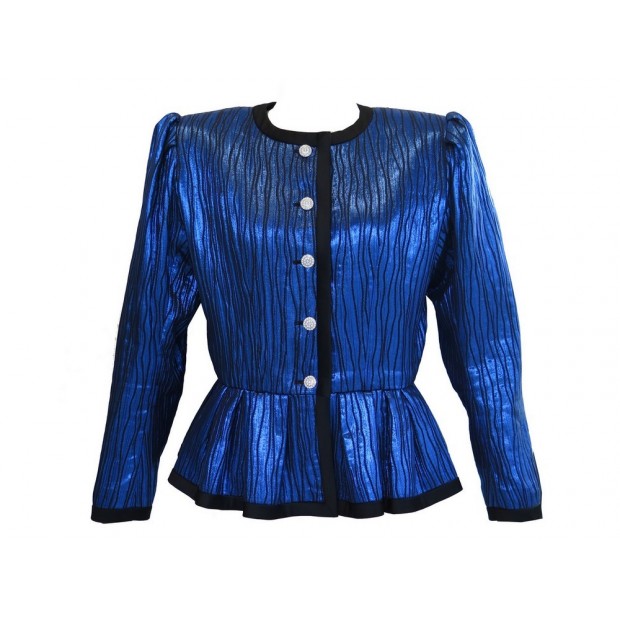 NEUF VESTE YVES SAINT LAURENT CINTREE 40 M EN SOIE BLEU METALLISE JACKET 1890€