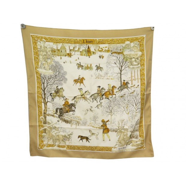 VINTAGE FOULARD HERMES L'HIVER P.LEDOUX CARRE 90 EN SOIE CAMEL SILK SCARF 370