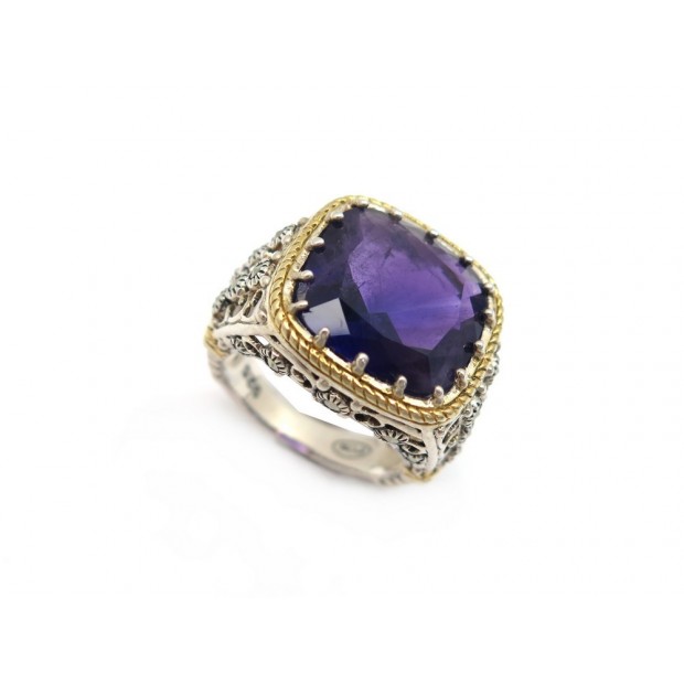 VINTAGE BAGUE 56 EN ARGENT 925 & OR JAUNE 18K PIERRE AMETHYSTE 10GR SILVER RING