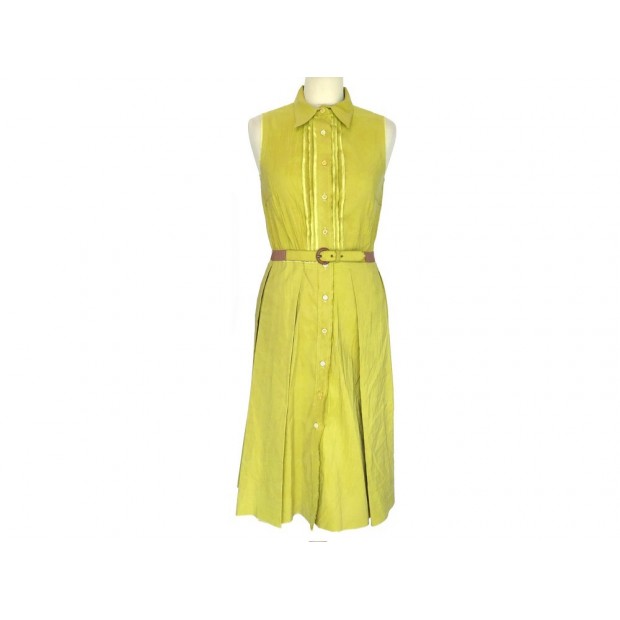 NEUF ROBE PRADA SANS MANCHES A CEINTURE 42 IT 38 FR M EN SOIE VERTE DRESS 2150€