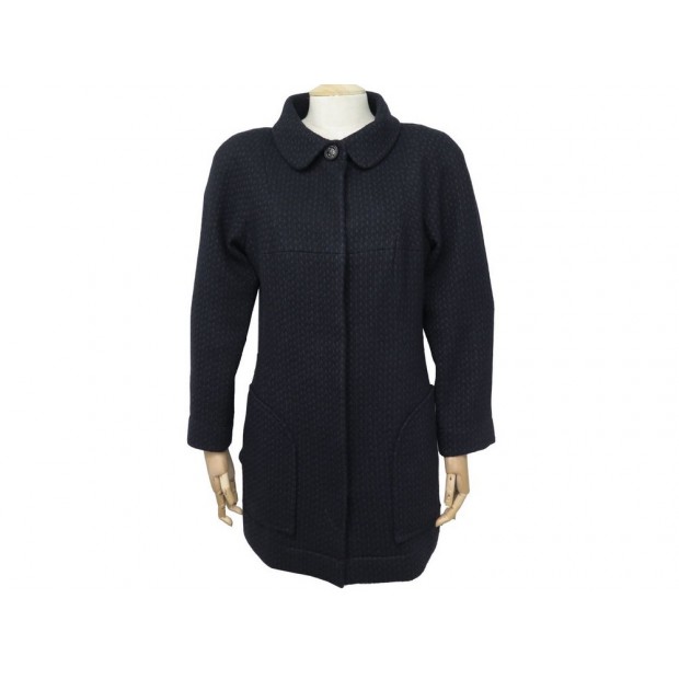 MANTEAU CHANEL P49855 40 M BOUTONS TETE DE LION LAINE BLEU NOIR WOOL COAT 4200€