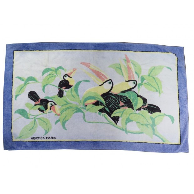 DRAP DE PLAGE HERMES TOUCANS SERVIETTE DE BAIN EN COTON BLEU BEACH TOWEL 430€