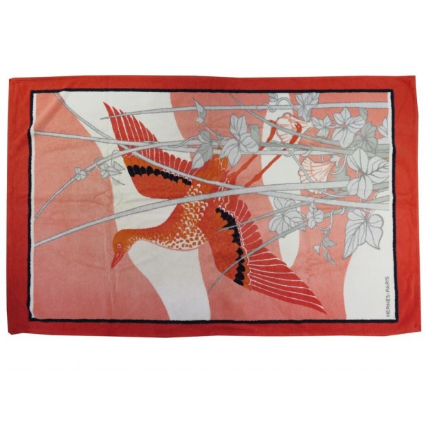 DRAP DE PLAGE HERMES SERVIETTE DE BAIN EN COTON ROUGE MOTIF OISEAU TOWEL 430