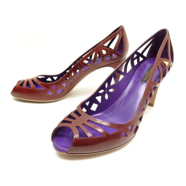 NEUF CHAUSSURES LOUIS VUITTON MOSAIC OPEN TOE PUMP 39.5 CUIR MARRON + BOITE 565€