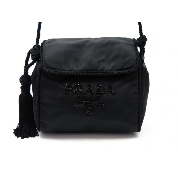 SAC A MAIN PRADA B4108 NYLON NOIR POMPON & PERLES 17 CM BLACK CANVAS PURSE 260