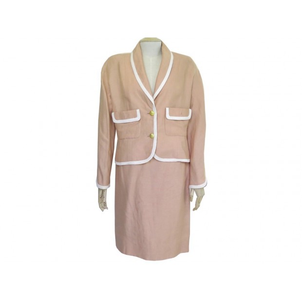 TAILLEUR CHANEL JUPE + VESTE 40 M LIN ROSE PINK LINEN TAILOR SKIRT JACKET 6000€