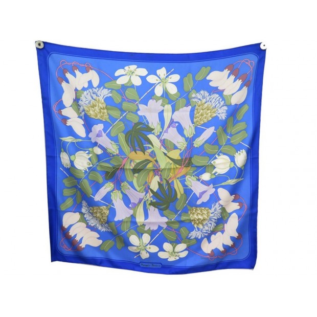 VINTAGE FOULARD HERMES FLEUR FOULANCHIS CARRE 90 SOIE BLEU BLUE SILK SCARF 370€