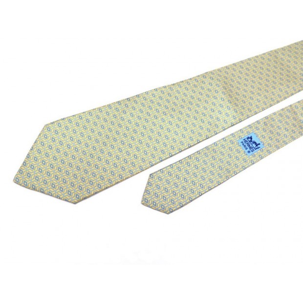 NEUF CRAVATE HERMES 5401OA SUPER H EN SOIE JAUNE ET BLEU + SAC NEW SILK TIE 180€