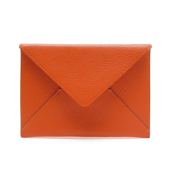 ENVELOPPE HERMES POCHETTE EN CUIR GRAINE ORANGE 15 CM ORANGE LEATHER POUCH 545