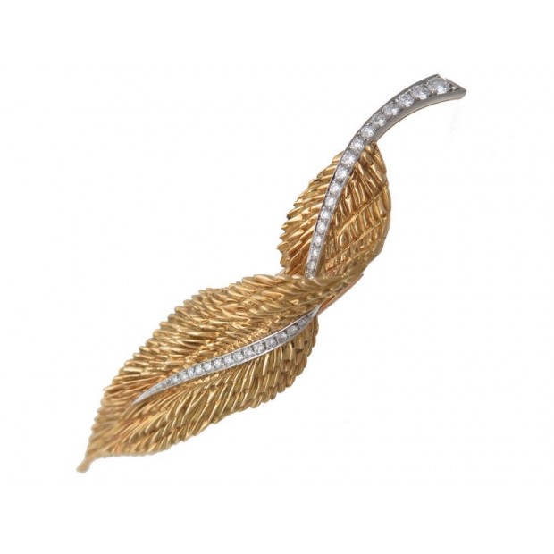 BROCHE HERMES PLUME TORSADEE EN OR JAUNE 18CT ET DIAMANTS GOLD BROOCH DIAMONDS