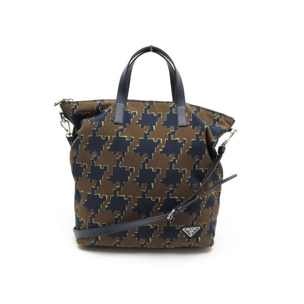 SAC A MAIN PRADA CABAS 33 CM NYLON IMPRIME MARRON & BLEU CANVAS HAND BAG 1200