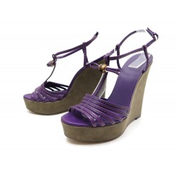 NEUF CHAUSSURES GUCCI SANDALES A TALONS COMPENSES CUIR VIOLET WEDGE HEELS 590