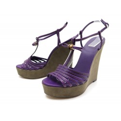 NEUF CHAUSSURES GUCCI SANDALES TALONS COMPENSES 38.5 IT 39 FR CUIR VIOLET 590€