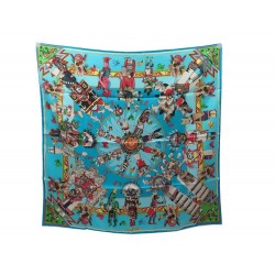 NEUF FOULARD HERMES KACHINAS CARRE OLIVER EN SOIE BLEU BOITE SILK SCARF 370€