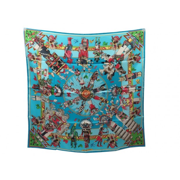 NEUF FOULARD HERMES KACHINAS CARRE 90 EN SOIE BLEU + BOITE BLUE SILK SCARF 370