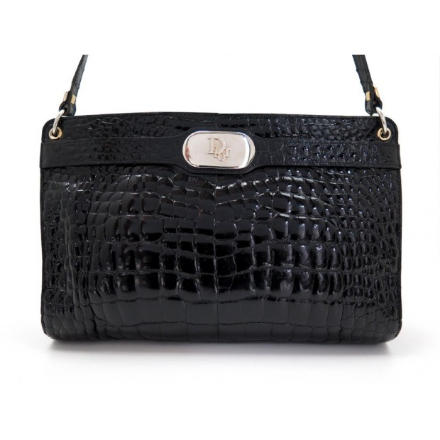 VINTAGE SAC A MAIN CHRISTIAN DIOR PORTE EPAULE CUIR CROCODILE NOIR LEATHER PURSE