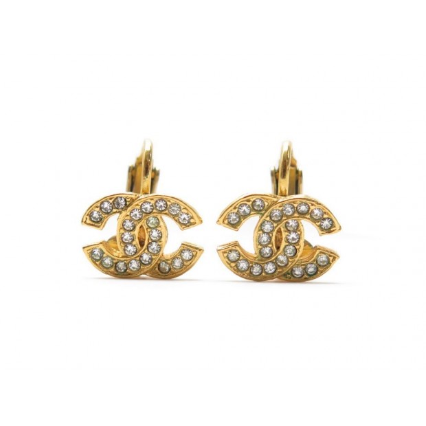 BOUCLES D OREILLE CHANEL LOGO CC METAL DORE STRASS A CLIPS GOLDEN EARRINGS 350