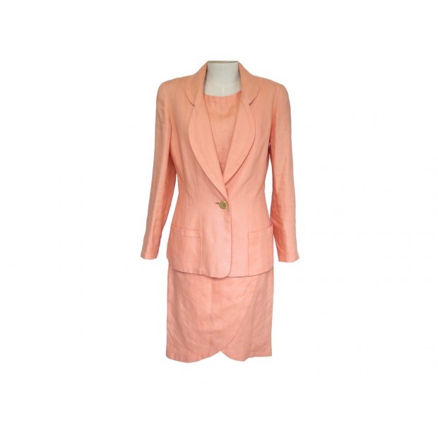 TAILLEUR ROBE + VESTE CHANEL 40 M EN LIN SAUMON DRESS & JACKET LINEN SUIT 6000€