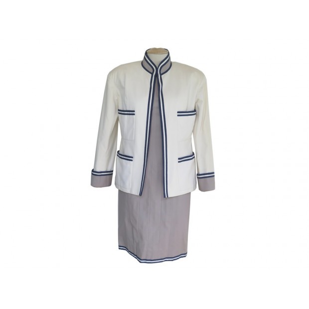 TAILLEUR ROBE + VESTE CHANEL COTON GRIS & BLANC T 38 M DRESS & JACKET SUIT 6500€