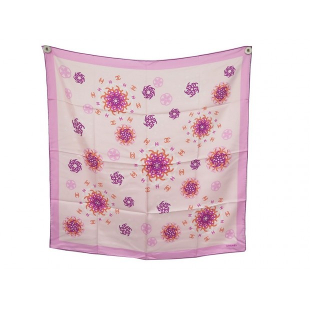 NEUF FOULARD CHANEL CARRE 90 CM EN SOIE ROSE MOTIF FLEURS PINK SILK SCARF 380