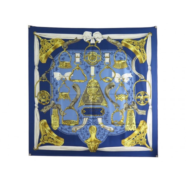 NEUF FOULARD HERMES ETRIERS F. DE LA PERRIERE CARRE 90 SOIE BLEU SILK SCARF 370