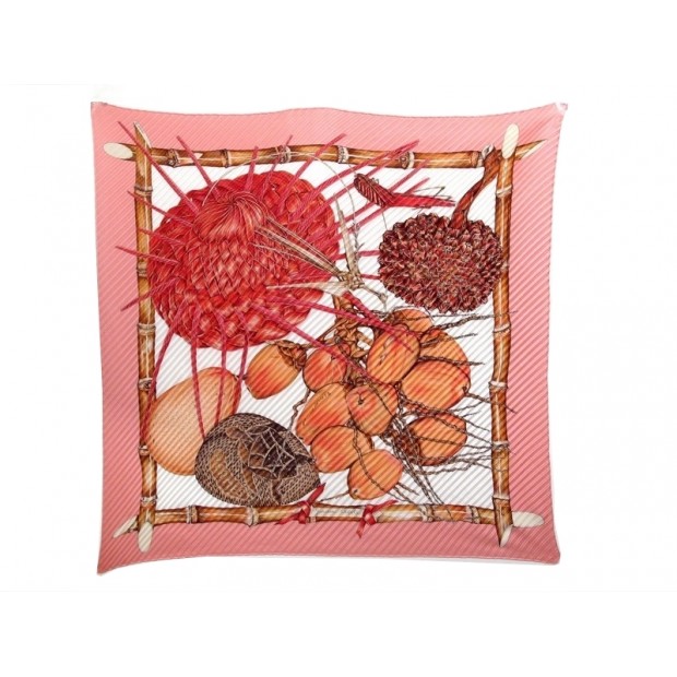 FOULARD PLISSE HERMES LE JARDIN CREOLE CARRE ROSE DAWLAT BOITE PLISSED SCARF