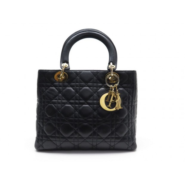 SAC A MAIN CHRISTIAN DIOR LADY DIOR PM EN CUIR CANNAGE NOIR DORE HAND BAG 3350€