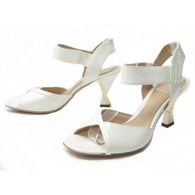 NEUF CHAUSSURES FENDI 38.5 IT 39.5 FR SANDALES A TALONS CUIR VERNI BLANC 780