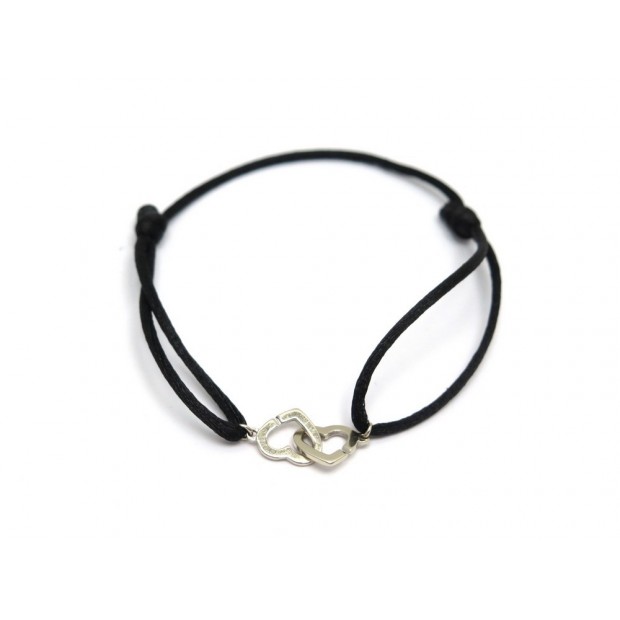 BRACELET DINH VAN DOUBLE COEUR R9 EN OR BLANC & CORDON NOIR T18 GOLD JEWEL 450€