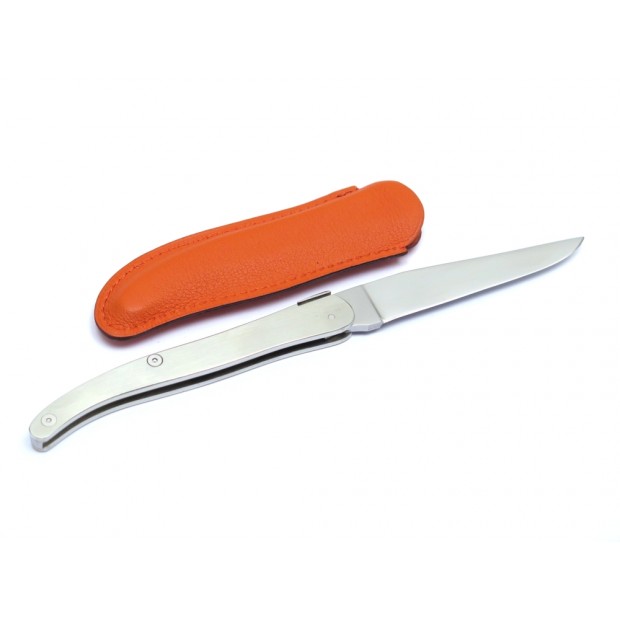 NEUF COUTEAU HERMES CANIF A PIVOT EN ACIER BROSSE & ETUI EN CUIR KNIFE 1