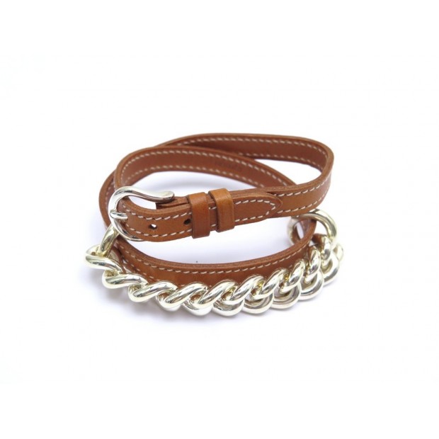 NEUF BRACELET HERMES DOUBLE TOUR EN ARGENT & CUIR VACHE 