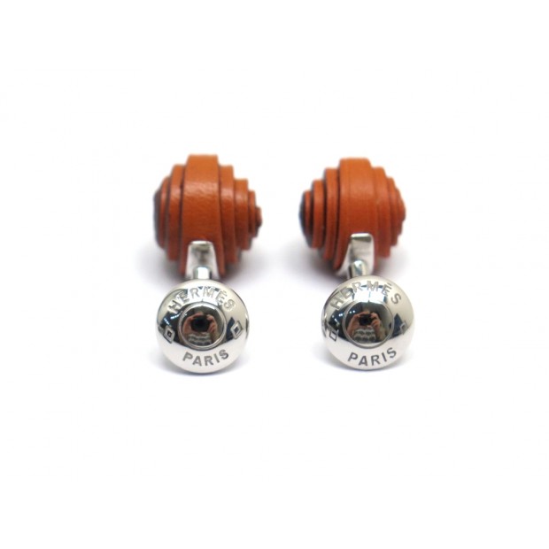 NEUF BOUTONS DE MANCHETTE HERMES EN ARGENT MASSIF 925 ET CUIR CUFFLINKS 390€