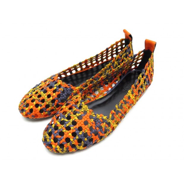 NEUF CHAUSSURES HERMES BALLERINES MINORQUE 38 SOIE TRESSEE MULTICOLORE 680€