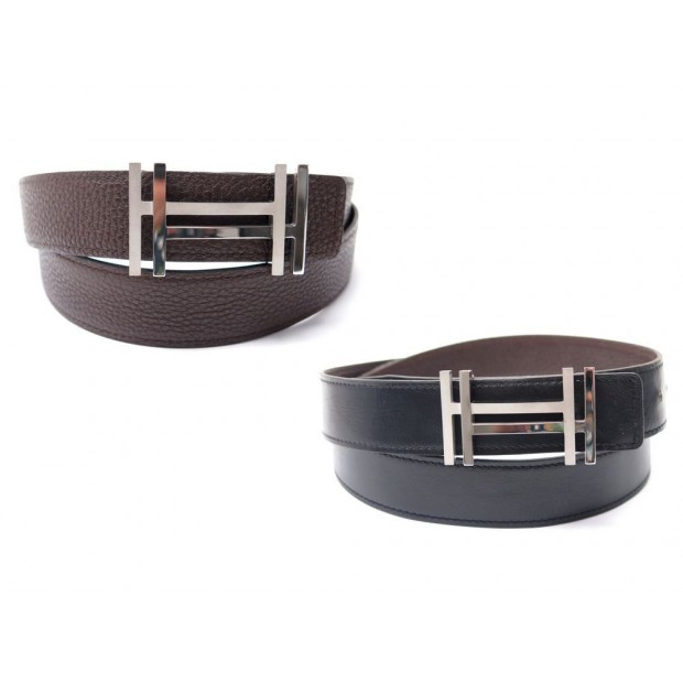 CEINTURE HERMES LIEN REVERSIBLE T 95 NOIR & TOGO MARRON BOUCLE H AU CARRE 635€