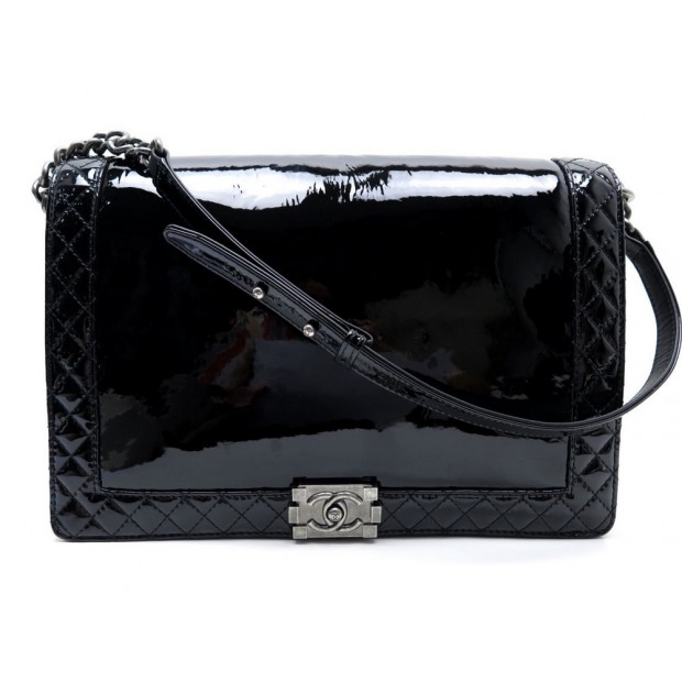 SAC A MAIN CHANEL BOY MAXI JUMBO CUIR VERNI NOIR RUTHENIUM BLACK HAND BAG 5800