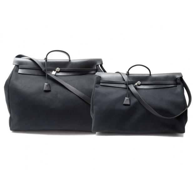 SAC A MAIN DE VOYAGE HERMES HERBAG XL 50 CM BANDOULIERE TOILE ET CUIR NOIR 2500€