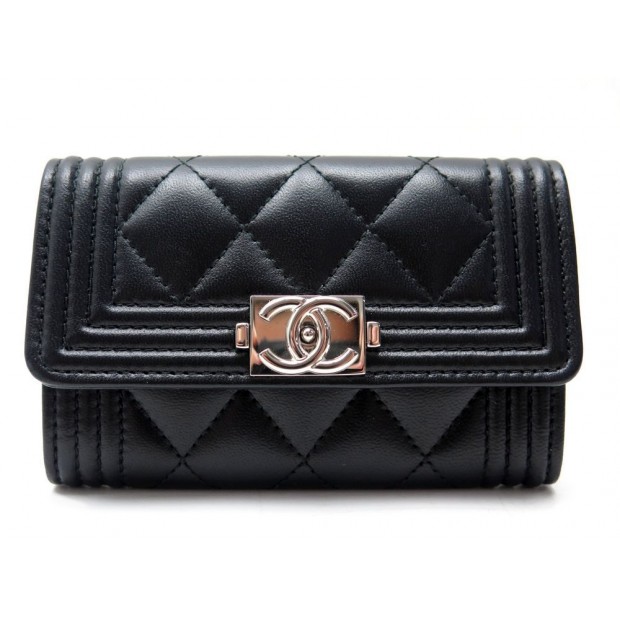 NEUF PORTE MONNAIE CARTES CHANEL BOY EN CUIR MATELASSE NOIR LEATHER WALLET 460€